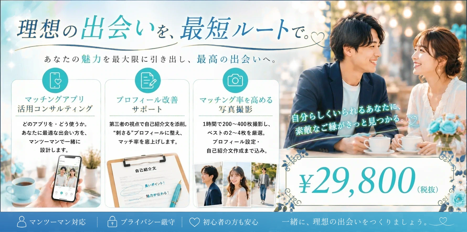 理想の出会いを、最短ルートで。マッチングアプリ活用コンサルティング・プロフィール改善サポート・マッチング率を高める写真撮影 ¥29,800（税抜）